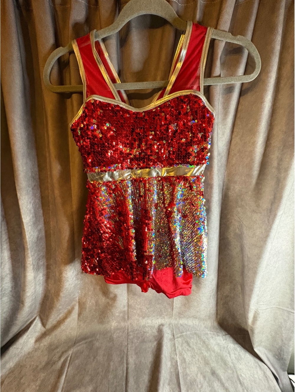 Weissman What Dreams Are Made Of Dance Costume LC Red Gold Sequin Biketard
